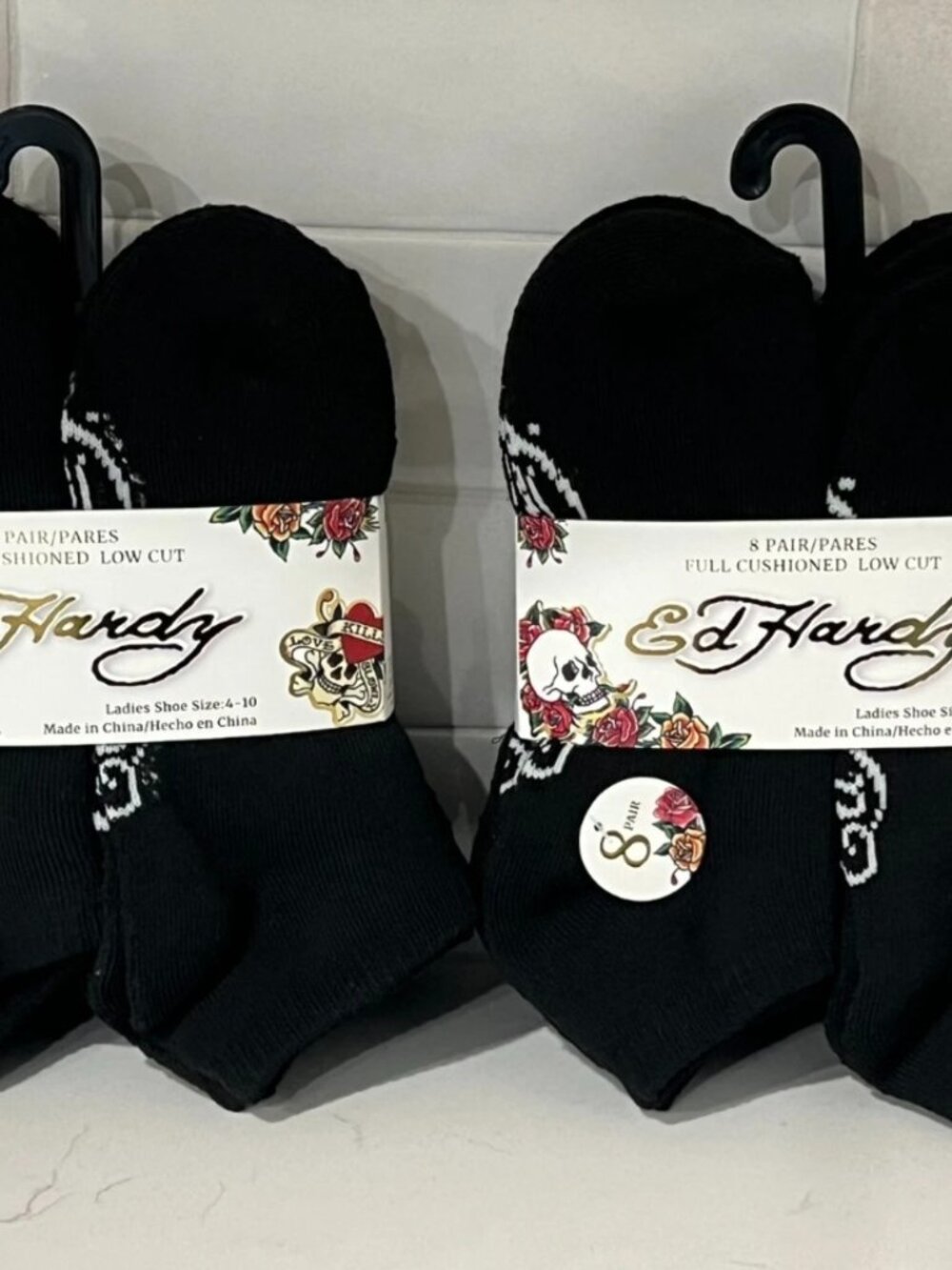 ED HARDY Black Full Cushioned Low Cut Socks 8 Pairs Womens 4-10 Y2K Pack - Lot 2